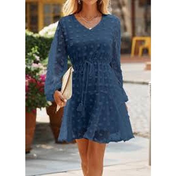 Kirundo Dresses & Skirts - Kirundo Blue Long Sleeve V-neck Swiss Dot High Waist Chiffon Mini Dress Size M